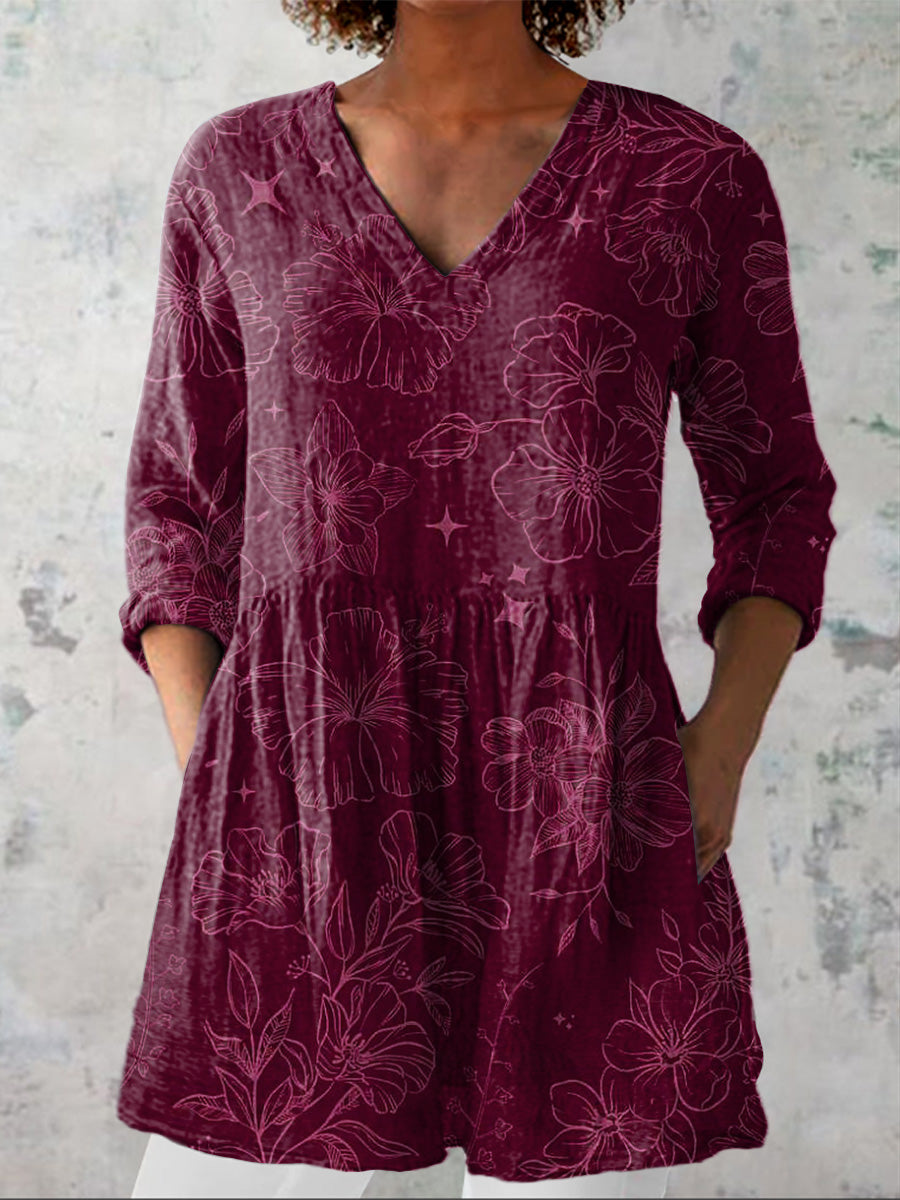 Morning Glory Floral Pattern Printed Women's Casual Linen V-Neck Shirt