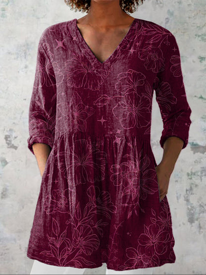 Morning Glory Floral Pattern Printed Women's Casual Linen V-Neck Shirt