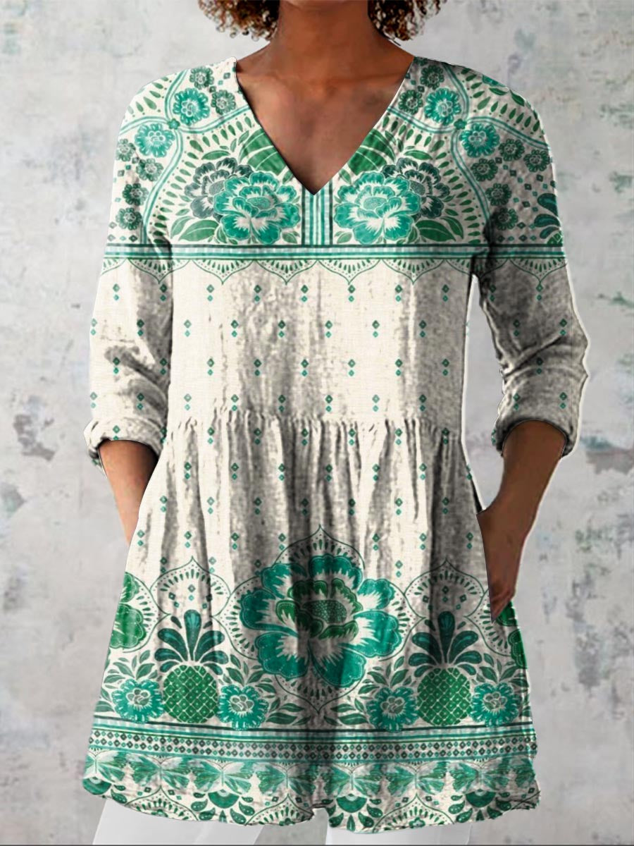 Women's Vintage Lovely Floral Art Print Casual Linen V-neck Shirt