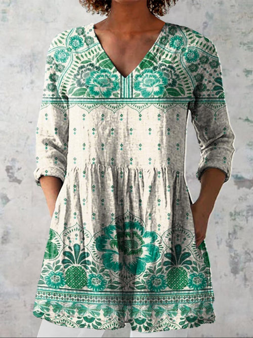 Women's Vintage Lovely Floral Art Print Casual Linen V-neck Shirt