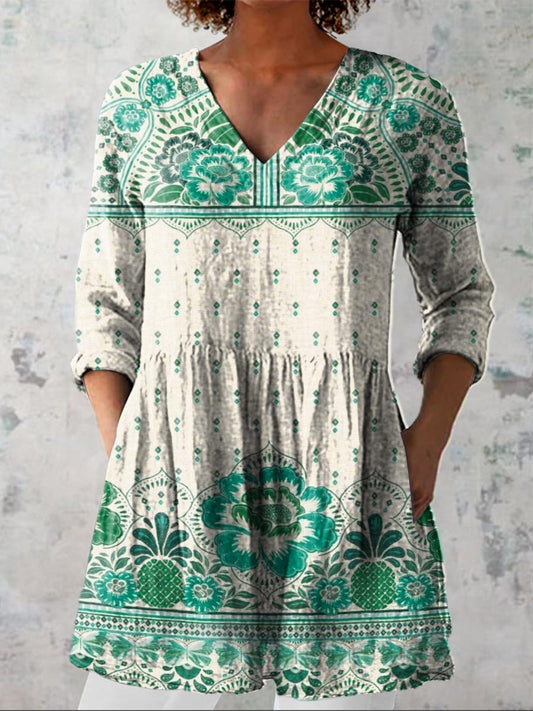 Women's Vintage Lovely Floral Art Print Casual Linen V-neck Shirt