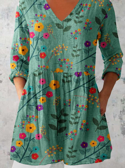 Women's Elegant Floral Pattern Cotton and Linen Top