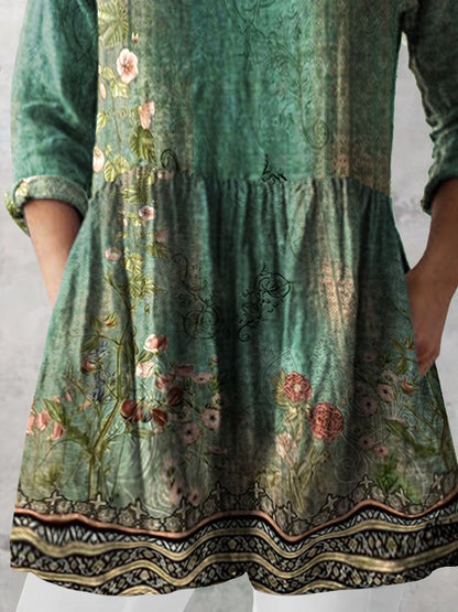 Women's Retro Floral Art Print Casual Cotton And Linen V-neck Top