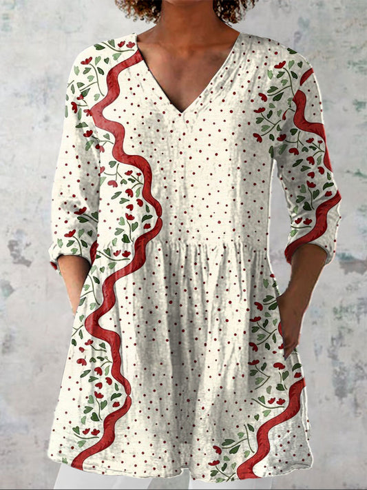 Women's Boho Flowers Art Print Casual Linen V-neck Shirt