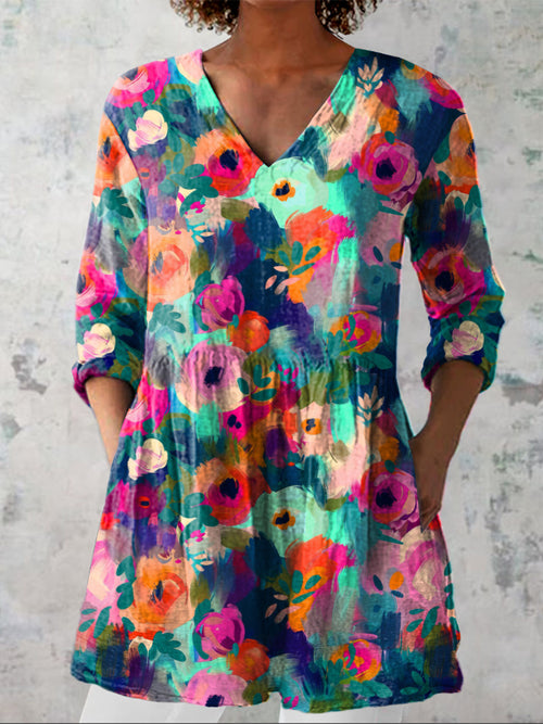Oil Painting Rose Pattern Printed Women's Casual Linen V-Neck Shirt