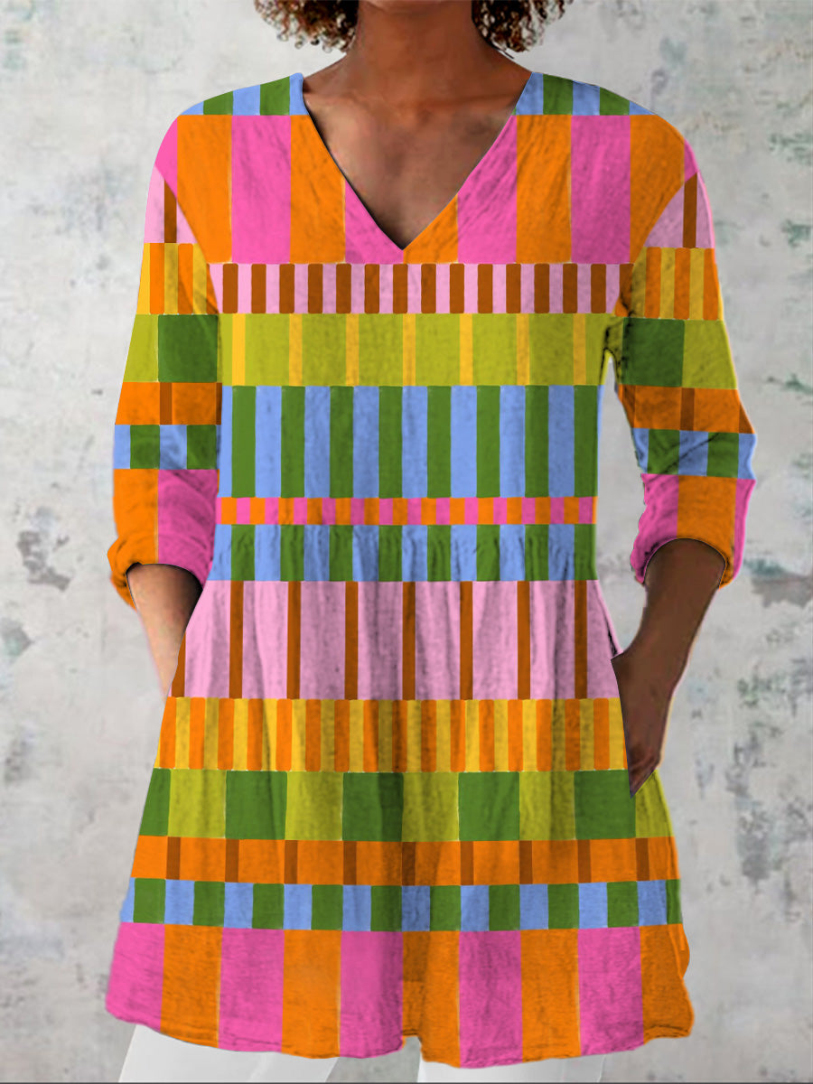 Multicolor Geometric Strip Pattern Printed Women's Casual Linen V-Neck Shirt