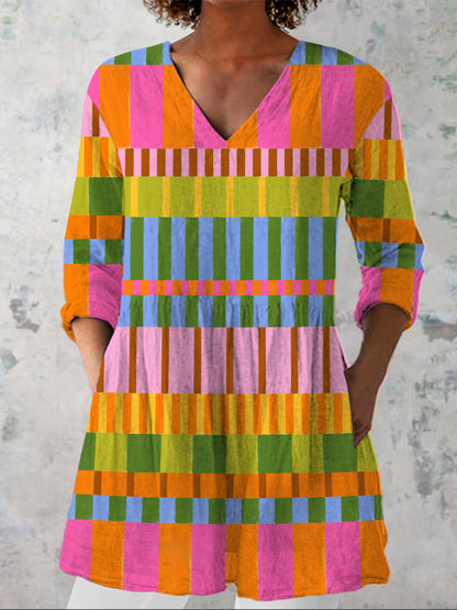 Multicolor Geometric Strip Pattern Printed Women's Casual Linen V-Neck Shirt