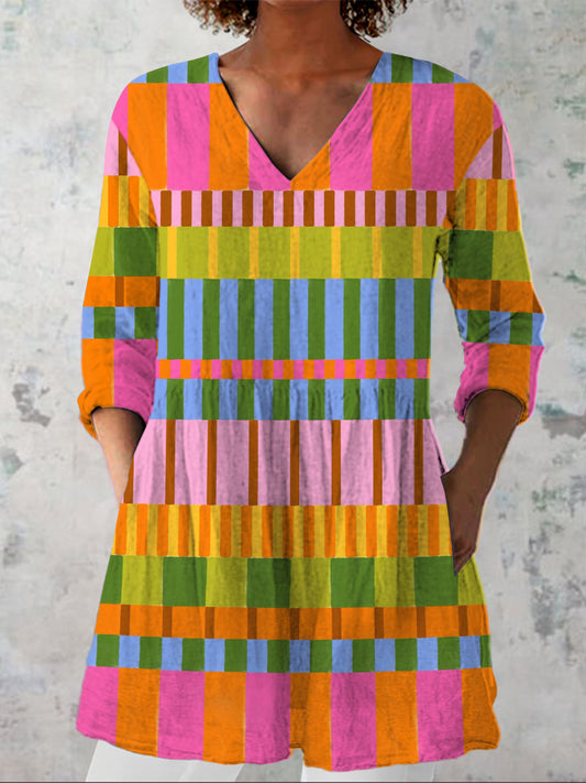 Multicolor Geometric Strip Pattern Printed Women's Casual Linen V-Neck Shirt