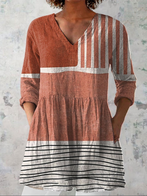 Women's Modern Abstract Art  Print Casual Linen V-neck Shirt