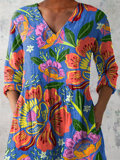 Summer Tropical Floral Pattern Printed Women's Casual Linen V-Neck Shirt