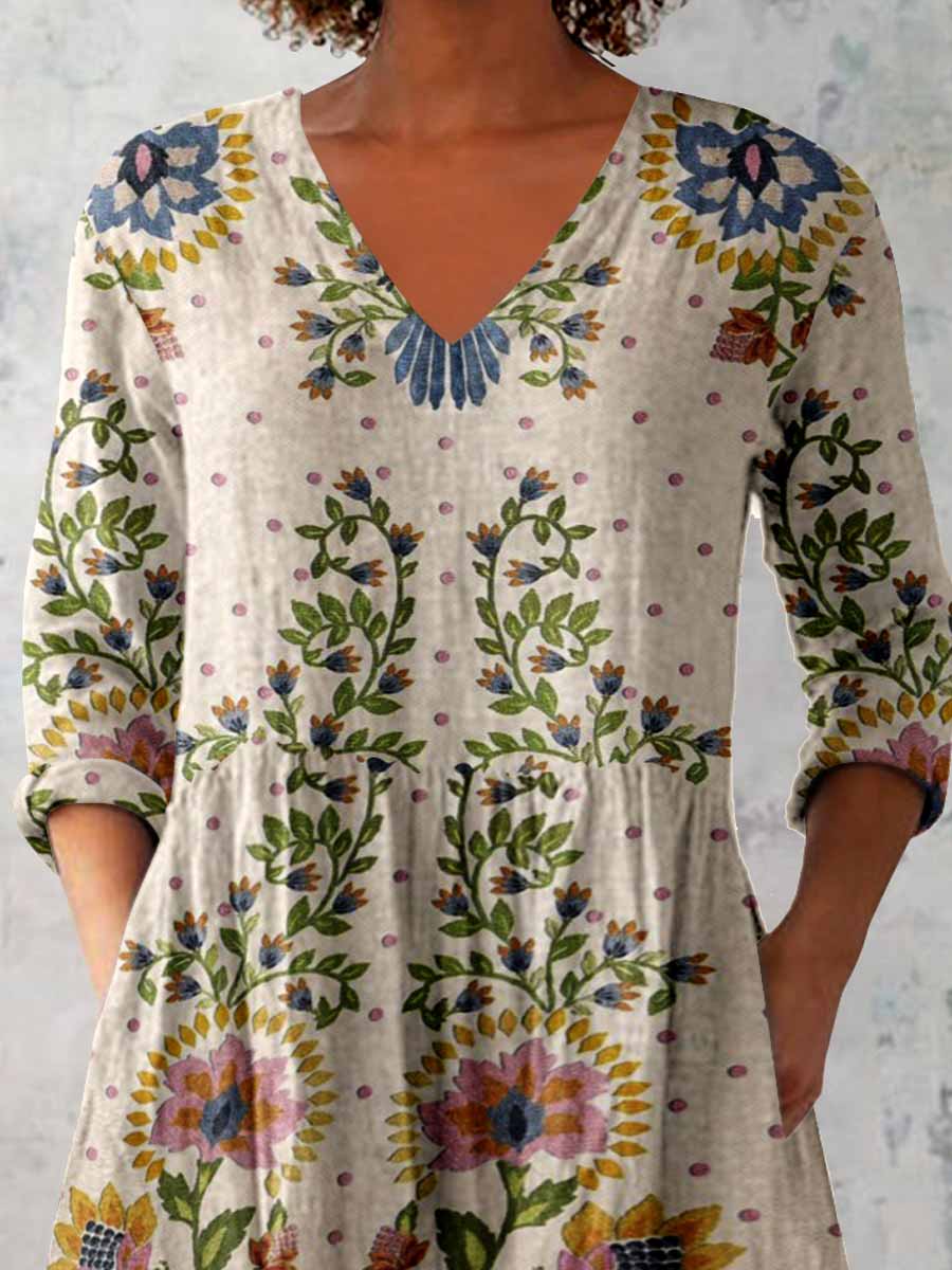 Women's Elegant Floral Print V-Neck Cotton and Linen Top