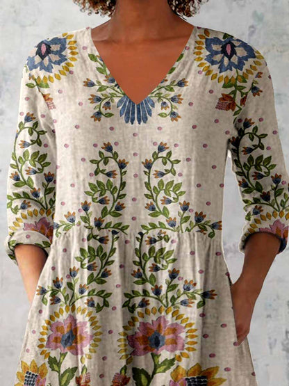 Women's Elegant Floral Print V-Neck Cotton and Linen Top
