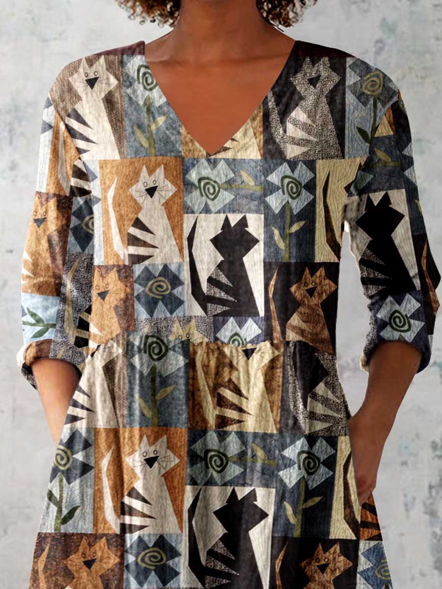 Women's Art Geometric Cat Print V-Neck Cotton and Linen Top