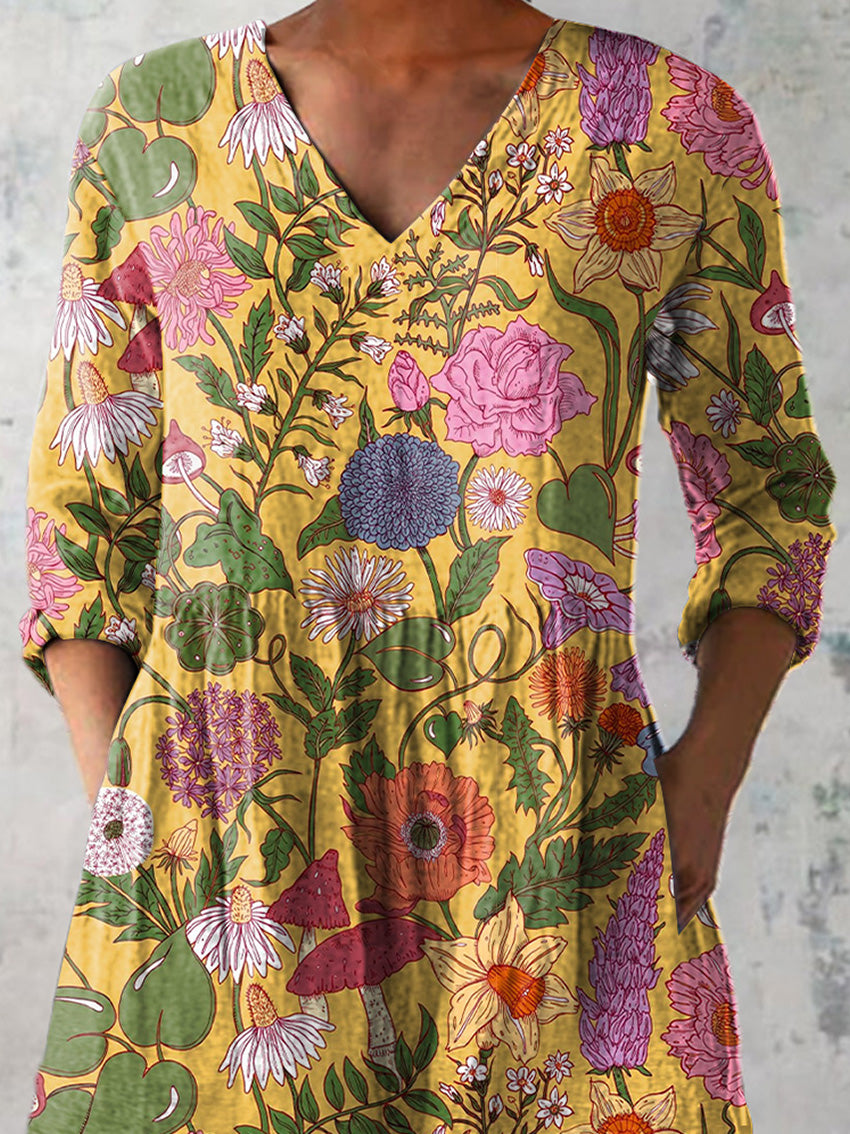 Vintage Summer Floral Pattern Printed Women's Casual Linen V-Neck Shirt