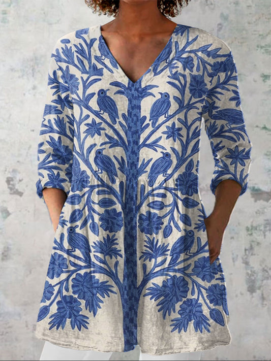 Women's Vintage Flowers Art Print Casual Linen V-neck Shirt