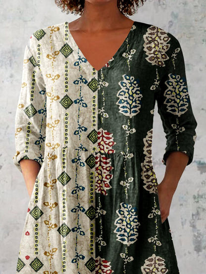 Women's Elegant Floral Motion Round Neck Cotton and Linen Top