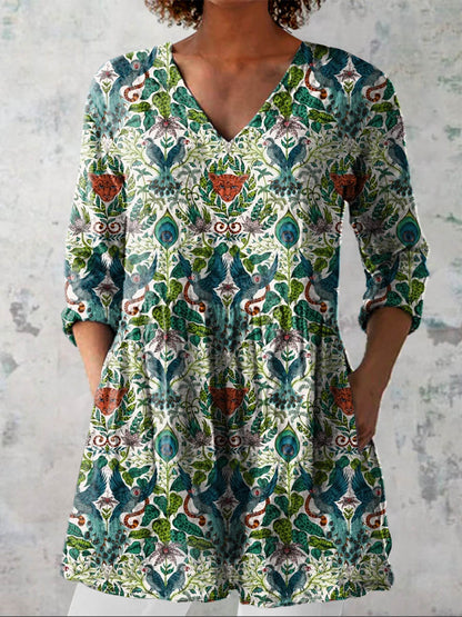 Women's Vintage Lovely Floral Animals Art Print Casual Linen V-neck Shirt