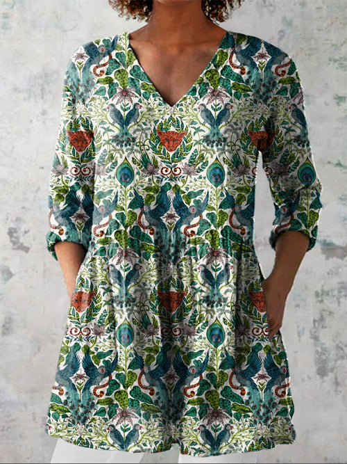 Women's Vintage Lovely Floral Animals Art Print Casual Linen V-neck Shirt