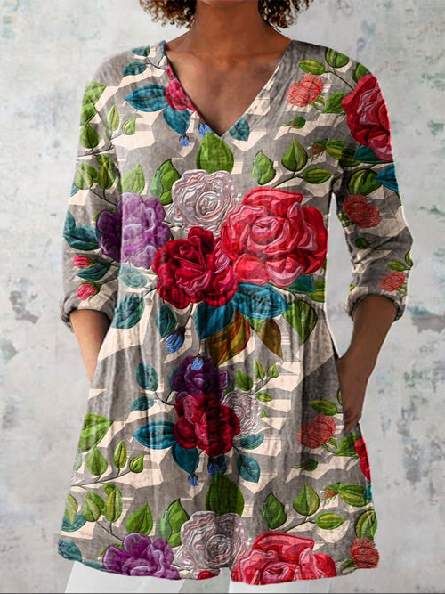Women's Vintage Flowers Art Print Casual Linen V-neck Shirt