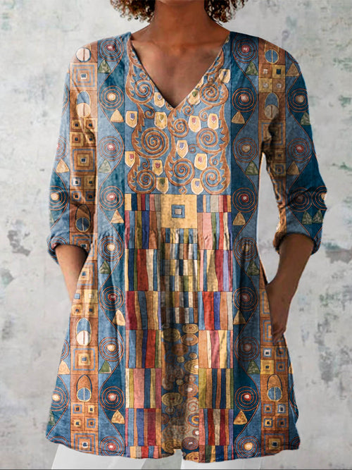 Women's Geometric Pattern Art Print Casual Cotton Linen V-neck Shirt