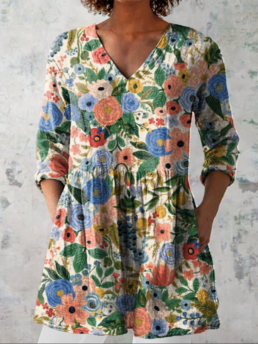 Women's Vintage Lovely Floral Art Print Casual Linen V-neck Shirt