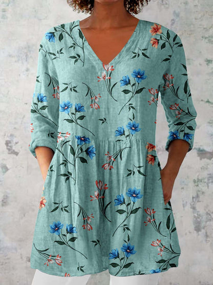 Women's Elegant Floral Pattern Cotton and Linen Top