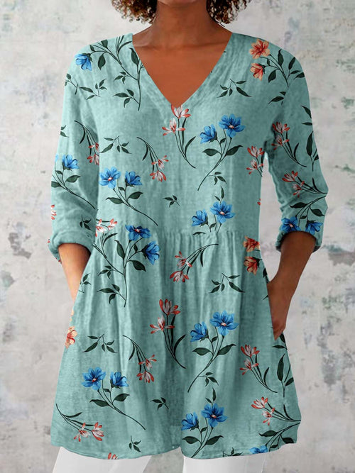 Women's Elegant Floral Pattern Cotton and Linen Top