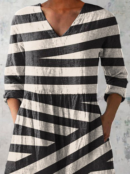 Irregular Strip Pattern Printed Women's Casual Linen V-Neck Shirt