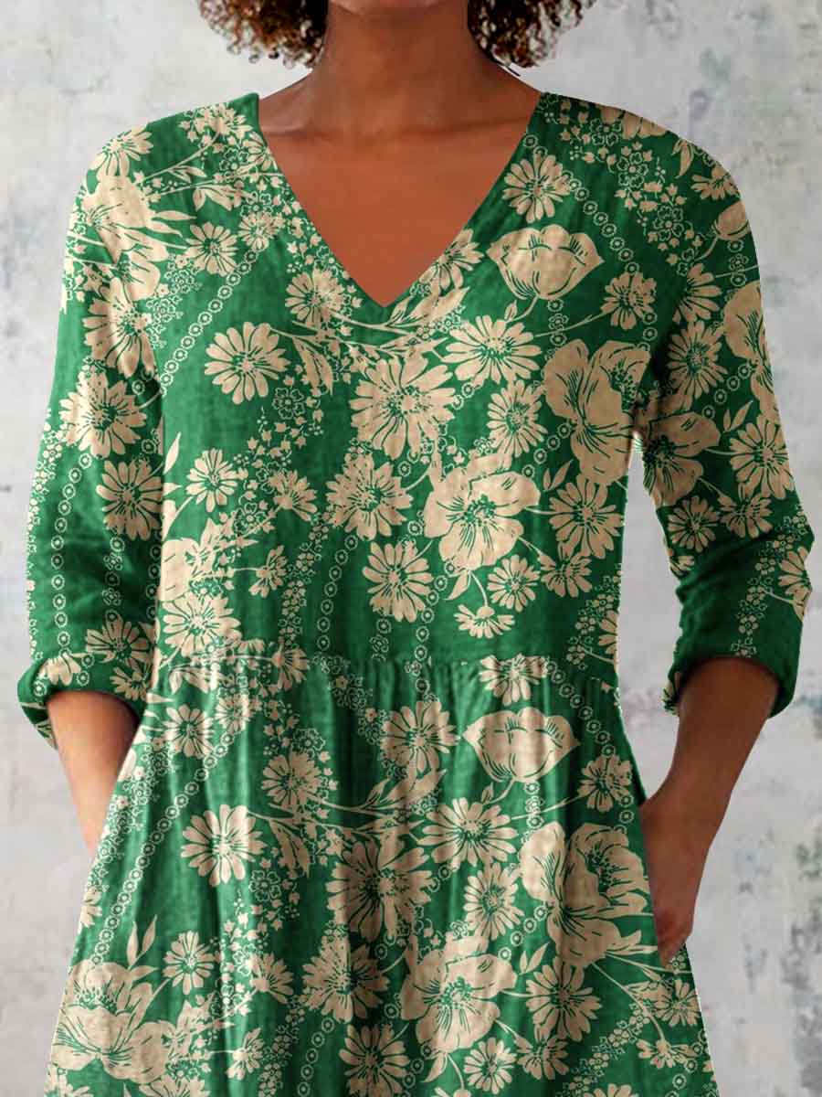 Women's Elegant Floral Pattern Round Neck Cotton and Linen Top