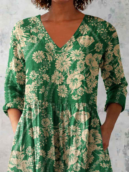 Women's Elegant Floral Pattern Round Neck Cotton and Linen Top