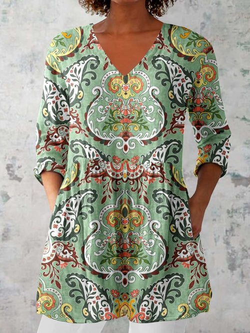 Women's Classic Retro Round Neck Floral Pattern Cotton and Linen Top