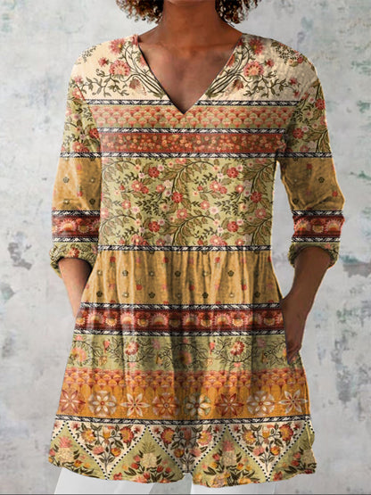 Vintage Ethnic Pattern Printed Women's Casual Linen V-Neck Shirt