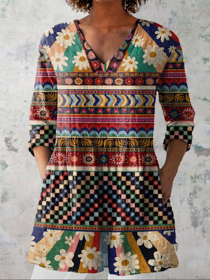 Retro Ethnic Floral Pattern Printed Women's Casual Linen V-Neck Shirt