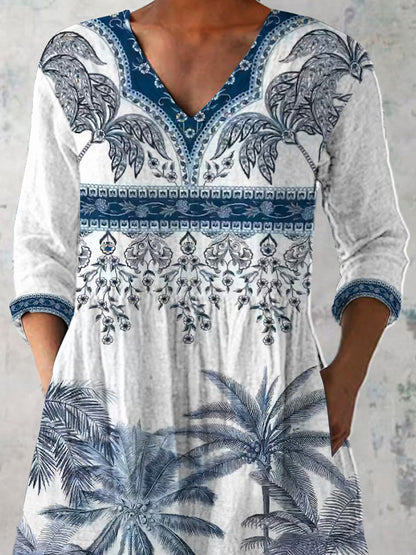 Summer Ethnic Pattern Printed Women's Casual Linen V-Neck Shirt