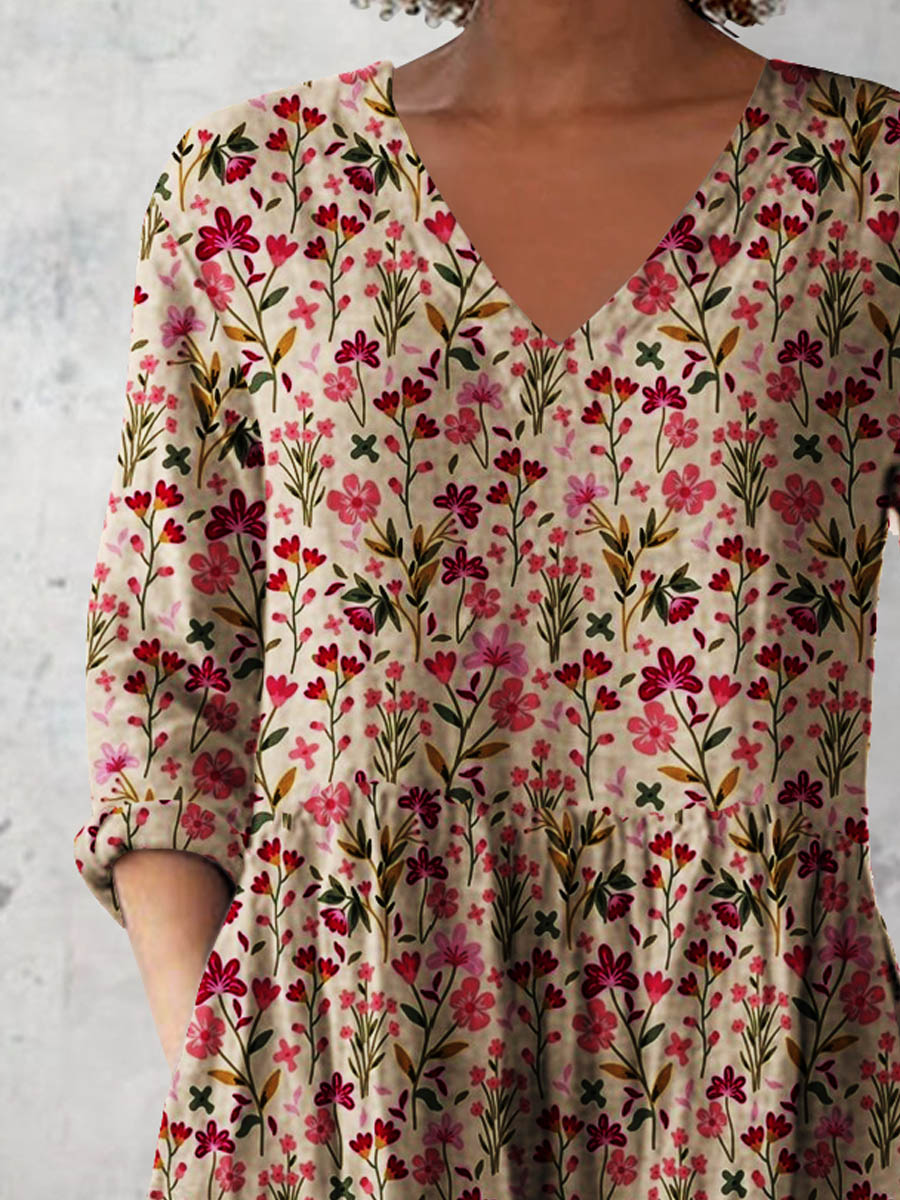 Women's Retro Floral Art Print Casual Cotton And Linen V-neck Top