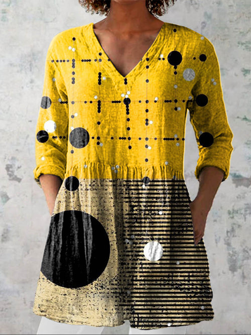 Women's Abstract Geometric Pattern Art Print Casual Cotton Linen V-neck Shirt