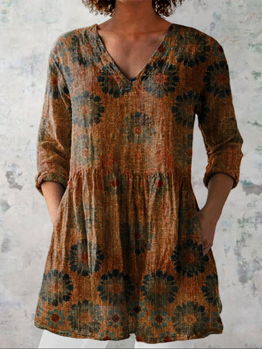 Women's Vintage Flower Art Print Casual Linen V-neck Shirt