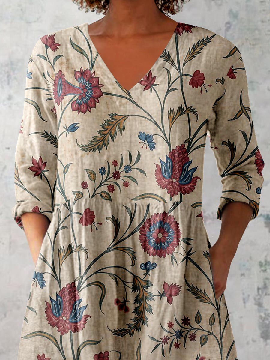 Women's Elegant Floral Print Cotton and Linen Top