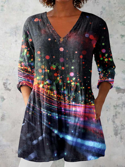 Women's Art Color Dot Print V-Neck Cotton and Linen Top