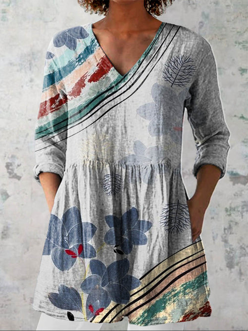 Women's Vintage Lovely Floral Art Print Casual Linen V-neck Shirt