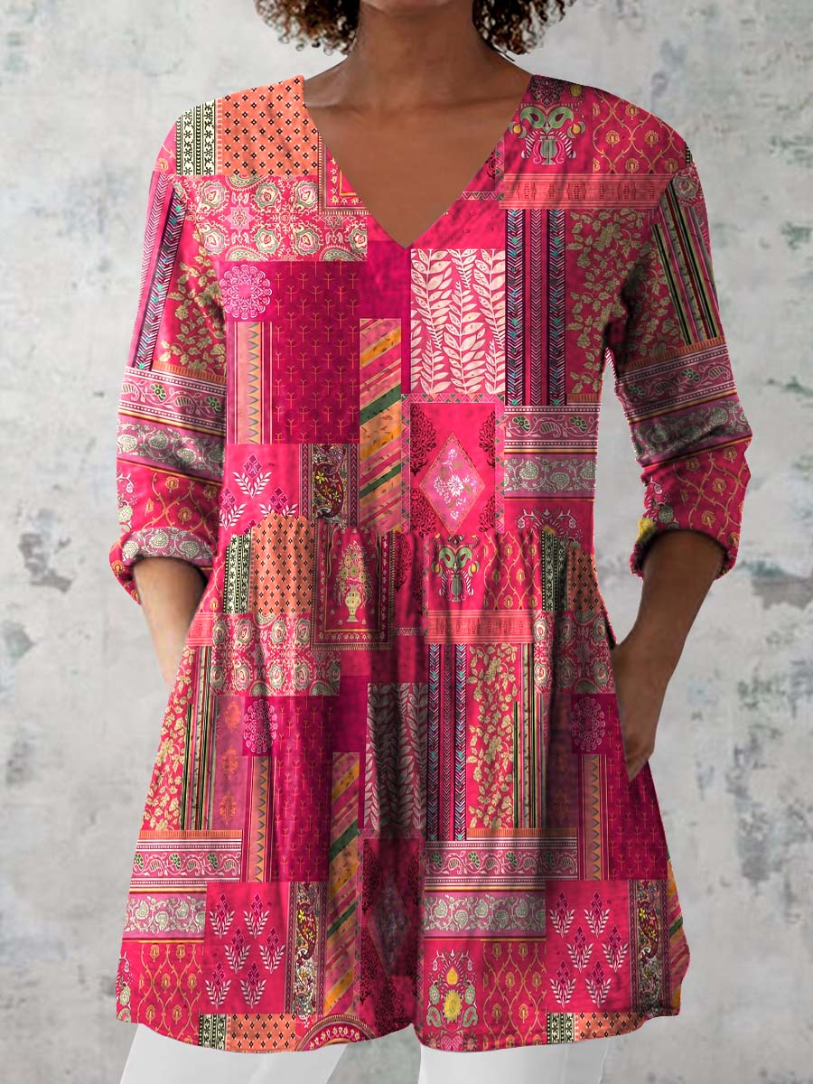 Women's Retro Floral Art Print Casual Cotton And Linen V-neck Top