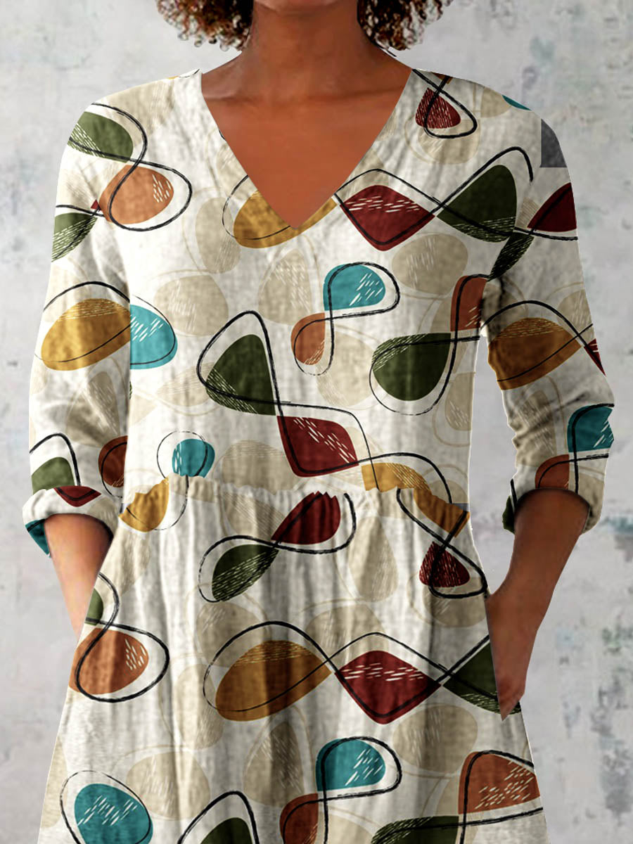 Women's Art Geometric Print V-Neck Cotton and Linen Top
