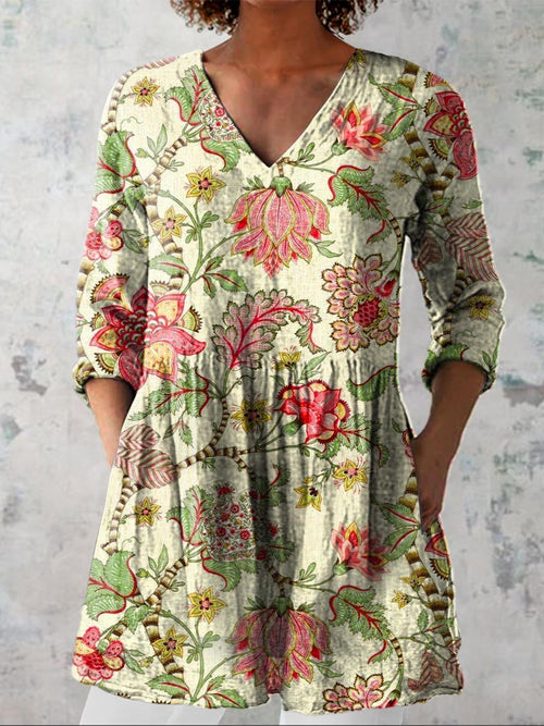 Women's Vintage Lovely Floral Art Print Casual Linen V-neck Shirt