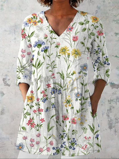 Wild Spring Floral Pattern Printed Women's Casual Linen V-Neck Shirt
