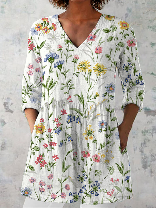 Wild Spring Floral Pattern Printed Women's Casual Linen V-Neck Shirt