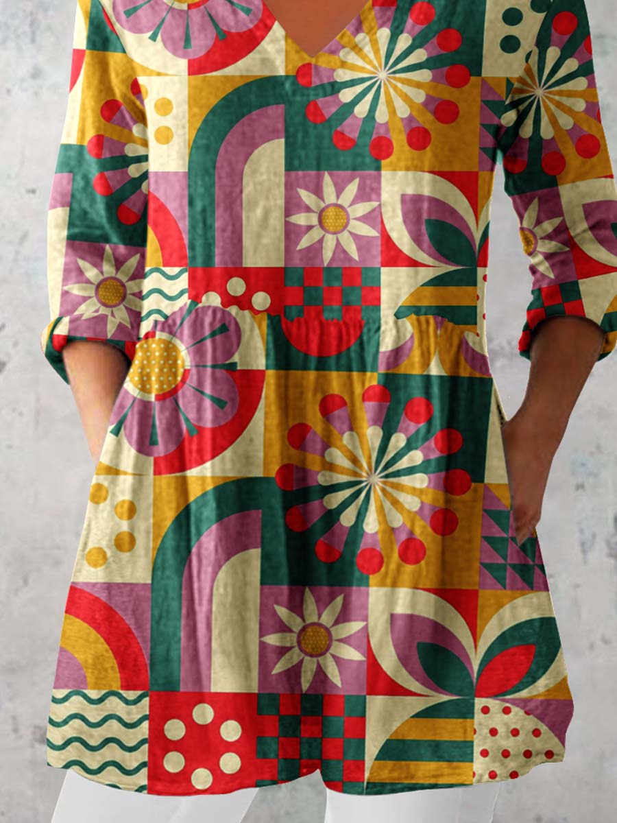 Women's Retro Geometric Pattern Cotton and LinenTop