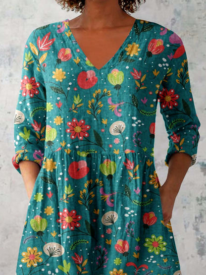 Women's Elegant Floral Pattern Cotton and Linen Top