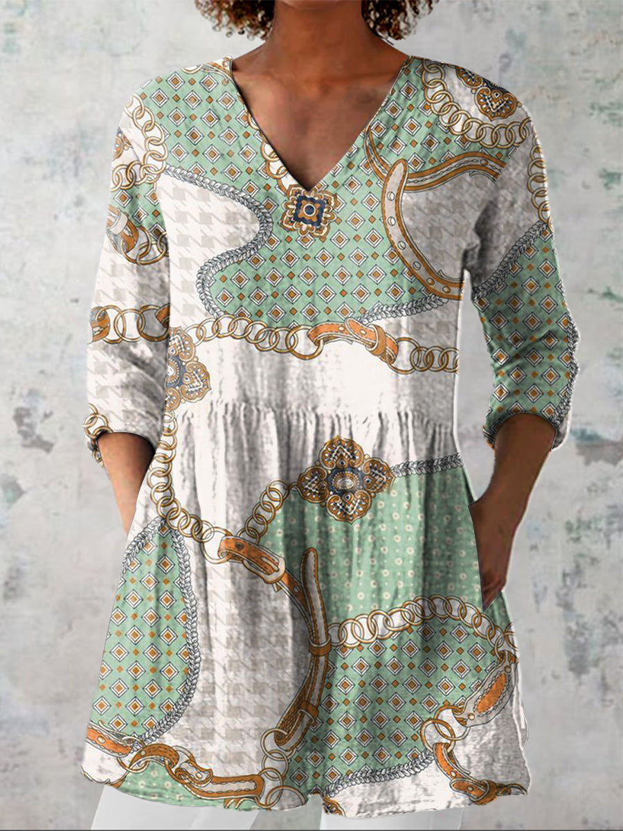 Retro Patchwork Pattern Printed Women's Casual Linen V-Neck Shirt