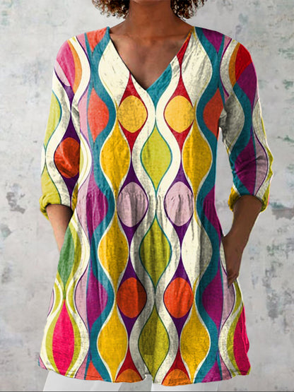 Abstract Geometric Pattern Printed Women's Casual Linen V-Neck Shirt