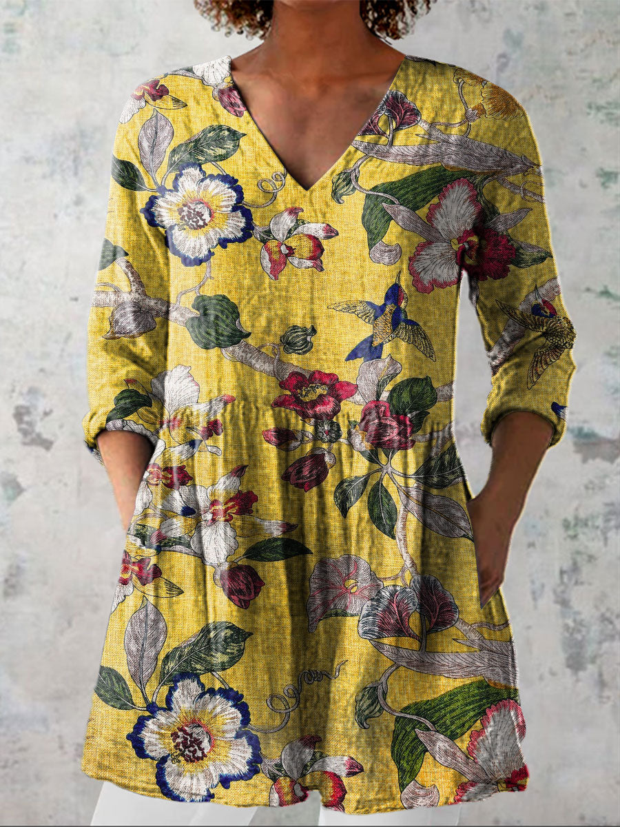 Women's Vintage Flower Art Print Casual Linen V-neck Shirt
